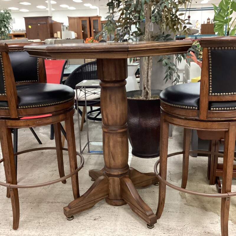 Game Pub Table+2 Chairs, Dk Wood, Barrel Swivel Ch
41in tall x 36in wide x 36in deep