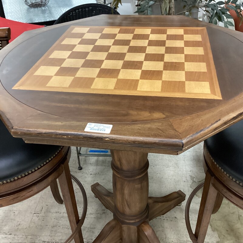 Game Pub Table+2 Chairs, Dk Wood, Barrel Swivel Ch<br />
41in tall x 36in wide x 36in deep