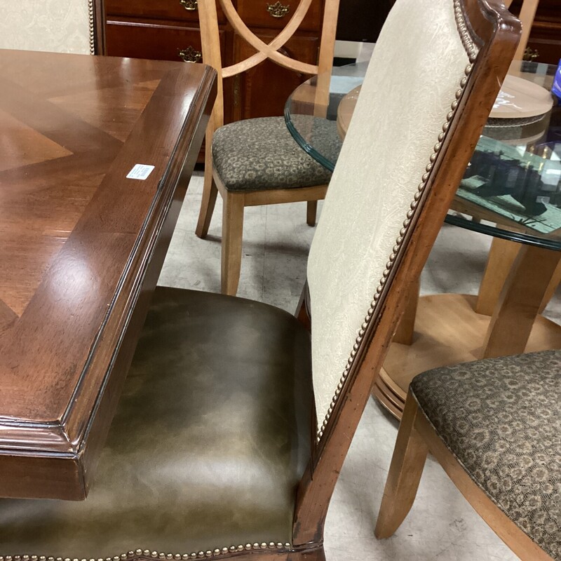 Dk Wd Table+8 Ch+2 Leaves, Dk Wood, Leather Chairs<br />
93in x 52in x 30in tall<br />
two 22in leaves