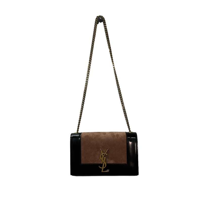 YSL Kate Glossed Leather, Pink/Blk, Size: Small<br />
<br />
Dimensions:<br />
5.7H x 8.7W x 2.4D<br />
<br />
Saint Laurent Kate shoulder bag in leather and suede<br />
Features YSL logo lettering<br />
Sliding chain shoulder strap<br />
Flap top with magnetic closure<br />
Bronze hardware.