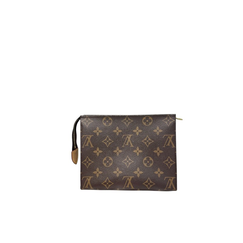 Louis Vuitton Toiletry, Size: PM<br />
The Poche Toilette offers a convenient, stylish way to carry personal necessities. Crafted in Louis Vuitton’s timeless Monogram canvas and fine black cowhide with a gold-finish zipper, it emanates quality and sophistication. More than just a toiletry bag, its ingenious design incorporates four card slots plus a patch pocket for papers. Ideal for today’s mobile lifestyles<br />
Dimensions: 8 W'x 6L