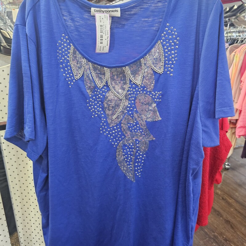 Short sleeve blue knit top with all the bling