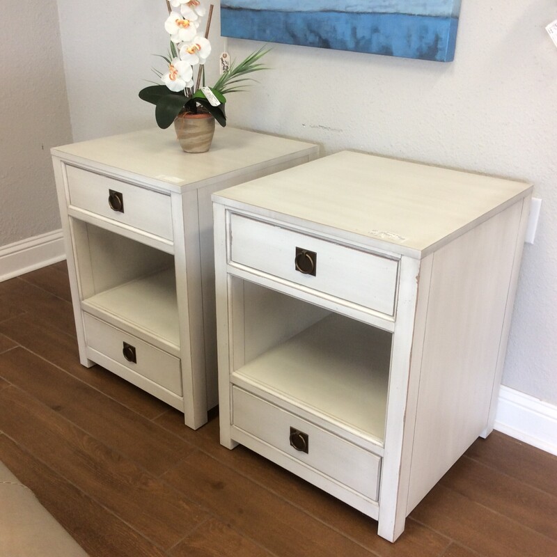 Oh, this pair is gorgeous! From Ethan Allen Furniture, they are modern in design but painted white giving them a slightly shabby, farmhousy feel. Lots of storage space!