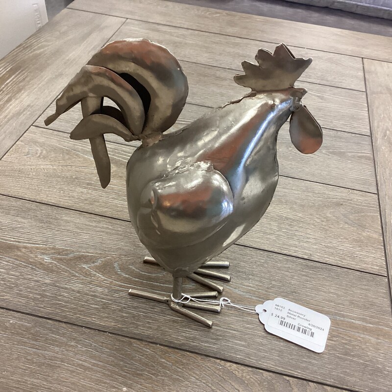 Metal Rooster, Silver, Crowing
11in tall x 9in deep x 6in wide