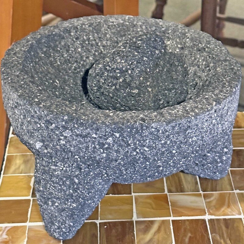 Authentic Molcajete,
Size:  8.5inches x 9 inches tall
Brand new authentic molcajete, the traditional Mexicna version of the mortar, with a rounded shape set on 3 short legs and carved of natural volcanic stone.
Impress your guests with homemade guacamole in
this beautiful piece.
