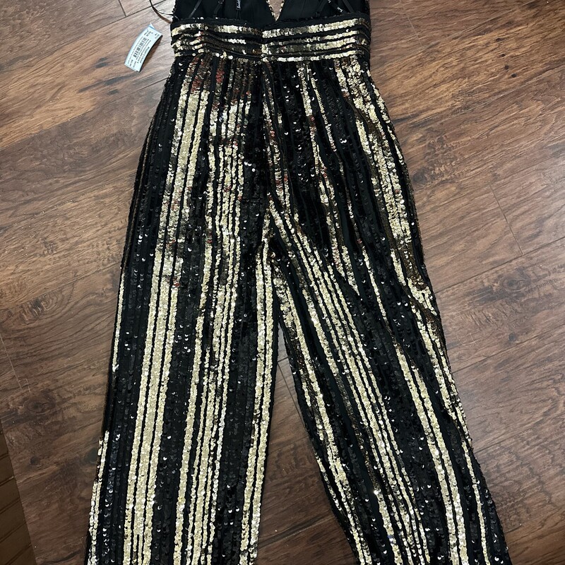 Strappy Bardot Sequin Stripe Jumpsuit, Blk Gold, Size: 6