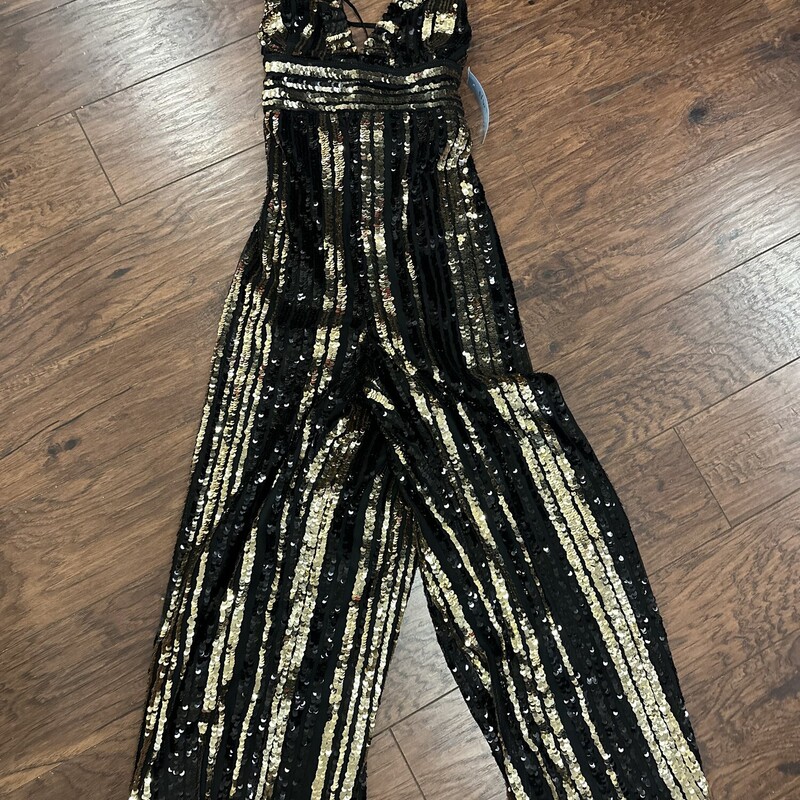 Strappy Bardot Sequin Stripe Jumpsuit, Blk Gold, Size: 6