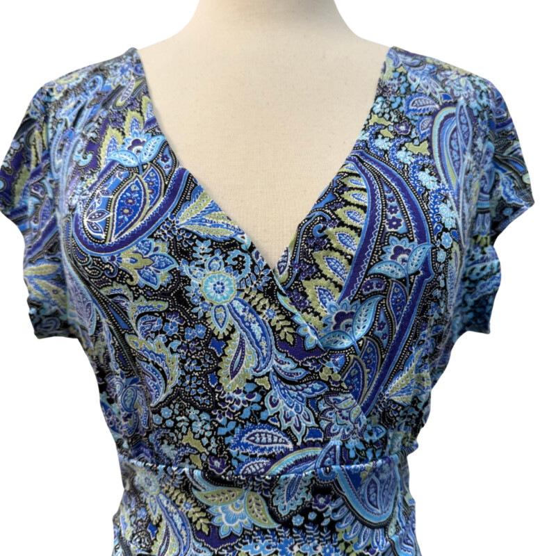 Lascana Short Sleeve MaxiDress<br />
Belted Waist<br />
Paisley Print<br />
Colors:  Blues, Lime Green and Black<br />
Size: Small