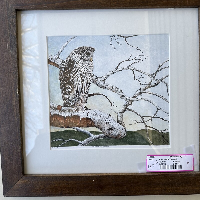 Room W/A View Art,
Size: 16 X 15
Limited series print 2/300.  Room With A View has incredible detail of this owl on a birch branch. Nicely framed.