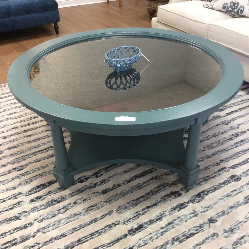 Blue painted coffee table with a antique finish glass inlay,  Size: 20Rnd x 21\"
