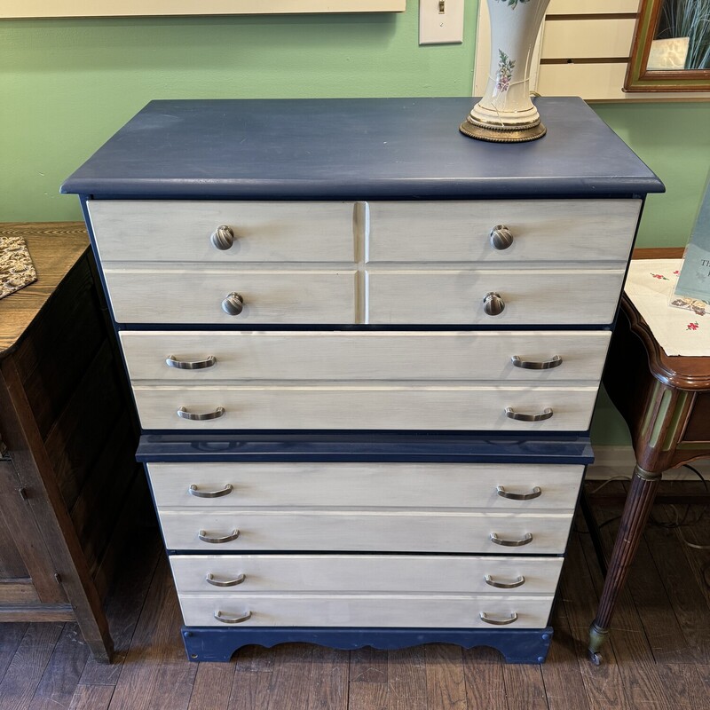 Blue & White Dresser<br />
Orignal Maple Dresser, Painted with New Hardware<br />
4 Drawers<br />
32 Inches Wide, 17 Inches Deep, 43 Inches High