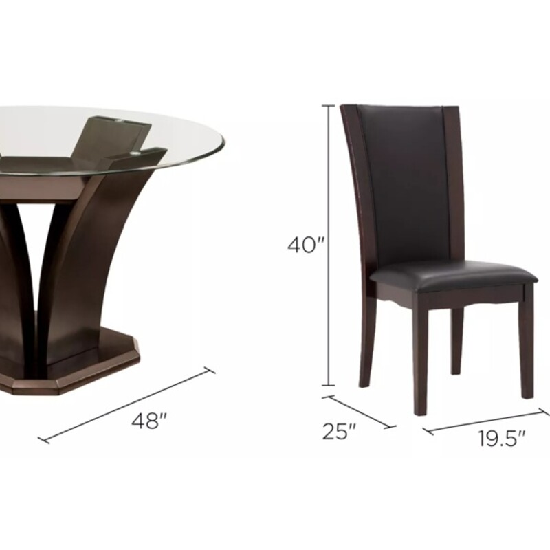 5 Piece Glass Top Dining Set,<br />
Dark Brown Wood with Clear Glass Top<br />
4 Faux Leather Wood Chairs<br />
Table Size: 48 x 30H<br />
Chair Size 20 x 18 x 41H<br />
Floor to Seat 17 Inches