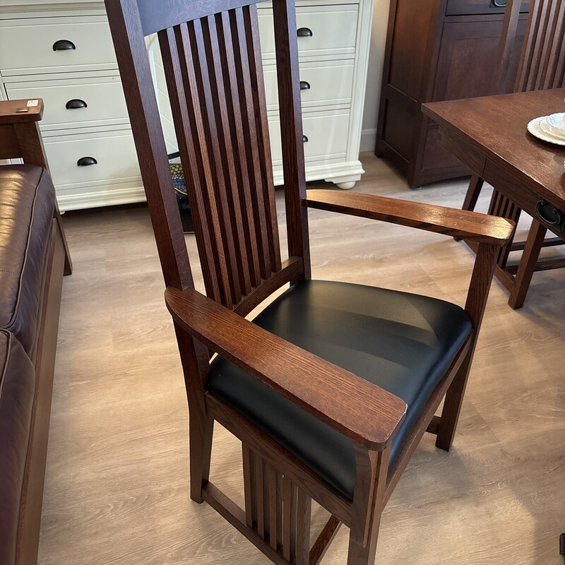 Mission  Arts & Crafts Dining Set<br />
By Le Meuble Villageois<br />
Made in Quebec. Canada<br />
Brown<br />
Set Of 8<br />
Table & 2 leaves 66 L X 30 W  In Leaves 18 In 102 In Total<br />
2 Arm Chairs 27 W X 21D X 45 H In<br />
4 Side Chairs  20 W X 22 D X 45 H In<br />
China Cabinet, Lighted  66 W X 19 D X 84 H In<br />
Made Of Oak and Cedar