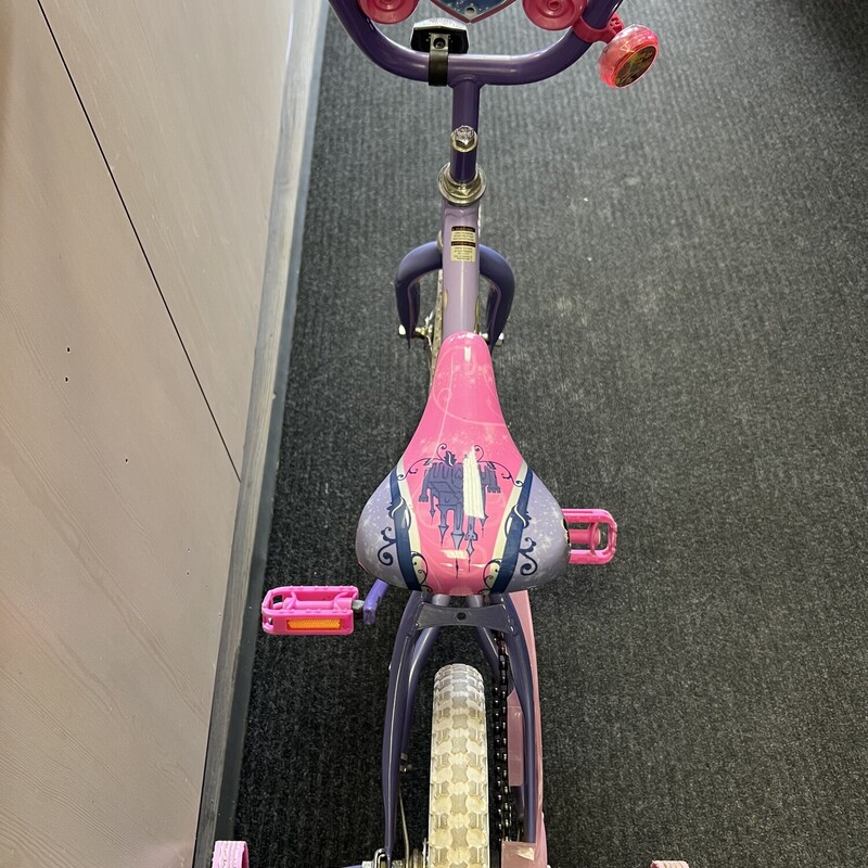Disney Princess Bicycle, Pink, Size: 14 Inch<br />
Suits 3-6 year olds.<br />
Includes training wheels.<br />
Tassled removed<br />
Small hole on seat