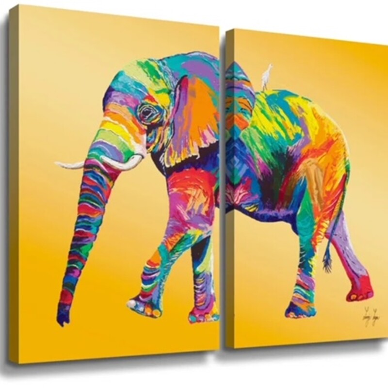 The Ride Elephant 2 Piece Canvas
Yellow Multicolored Size: 48 x 36H
Artist: Linzi Lynn
Retails: $97.99