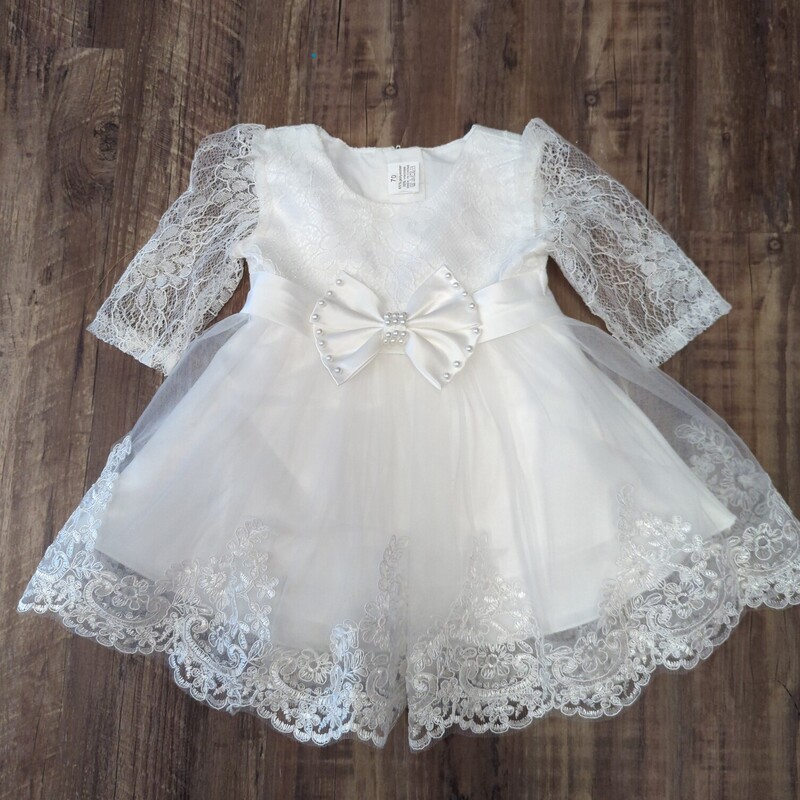 Lace Dress W/ Bow, White, Size: Baby 6-12M
