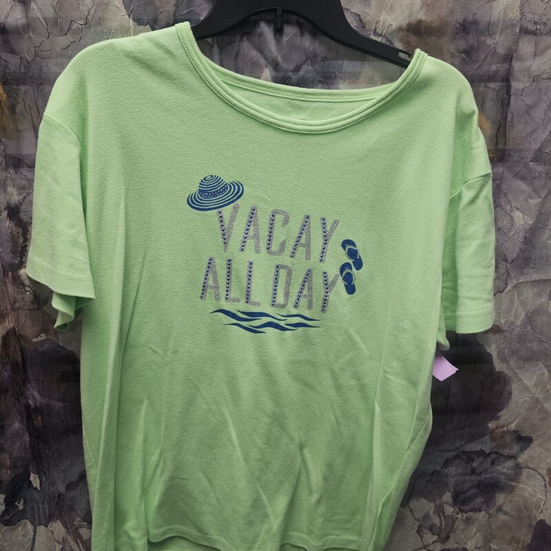 Super cute short sleeve lime green tee with blue sparkle graphic - Vacay all day