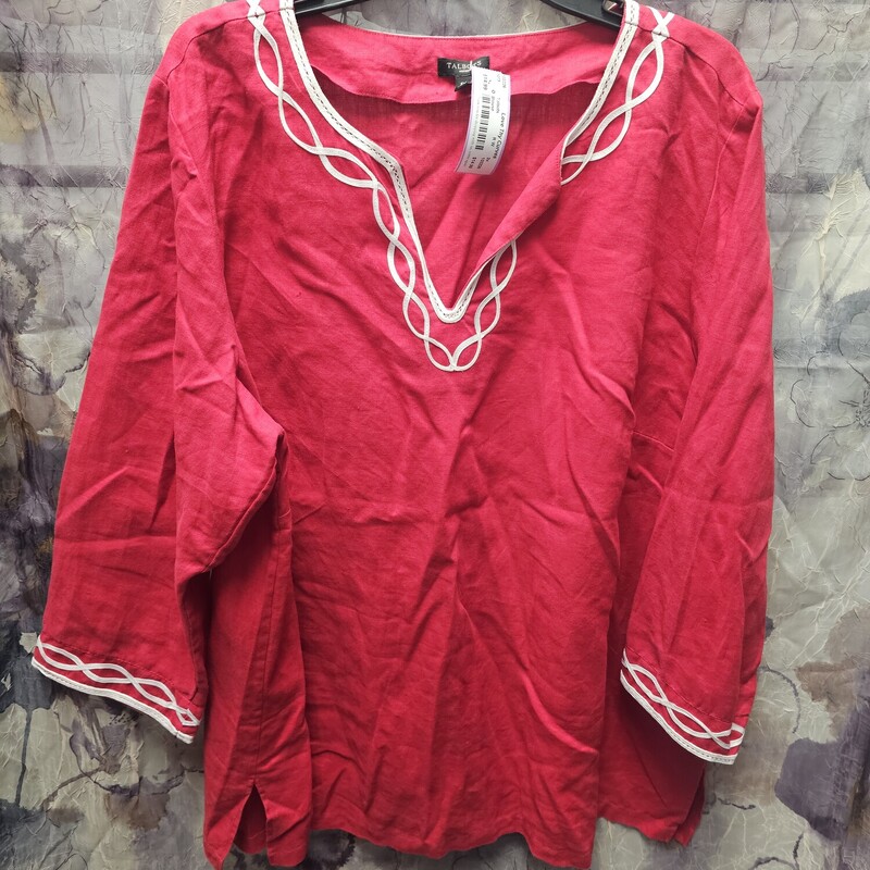 Half sleeve linen blouse in red with white embellishment