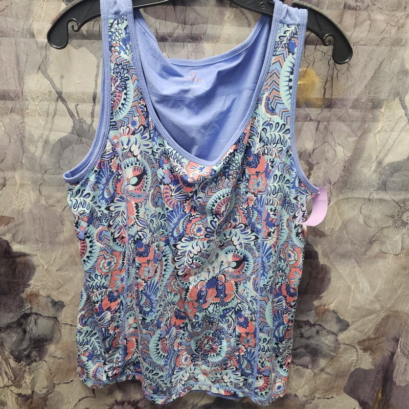 Knit tank with solid periwinkle back and fun patterned front.