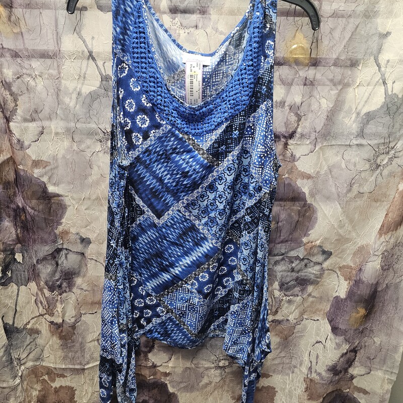 Cute blue black and white tank with macrame style neck line.