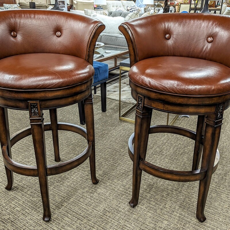 Set of 2 Hillsdale Leather Swivel 2 Button Barstools
Brown Brass Size: 24 x 22.5 x 37H
Floor to seat height: 29 inches