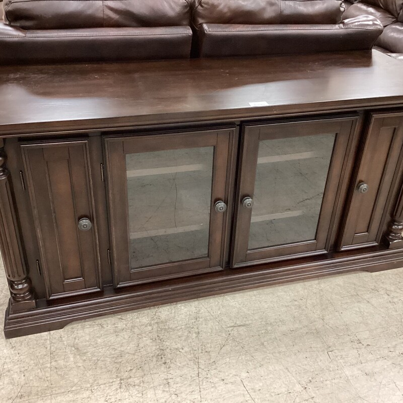 Dk Wd Media Console, Dk Wood,
4 Door/2 of them Glass
64in wide x 21in deep x 31in tall