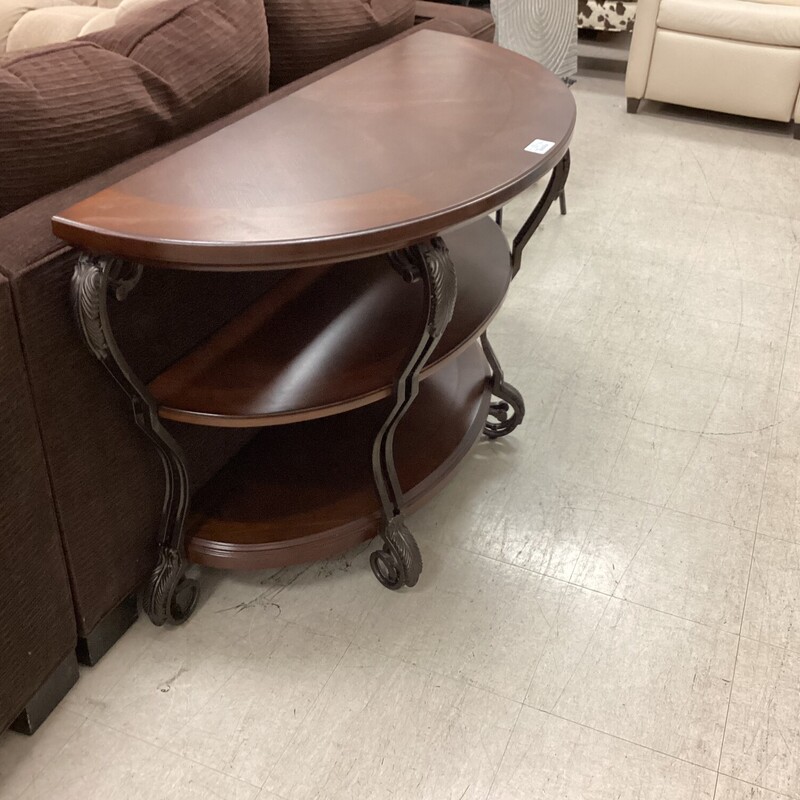 1/2 Moon Entry Table, Dk Wood, 3 Levels<br />
48in wide x 19in deep x 30in tall