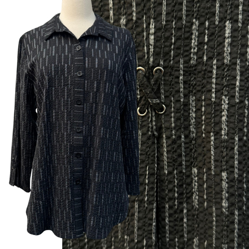 Habitat Long Sleeve Shirt
Textured with Dash Pattern
Lace Up Details On Sleeves and Back
Colors: Black and Gray
Size: Large