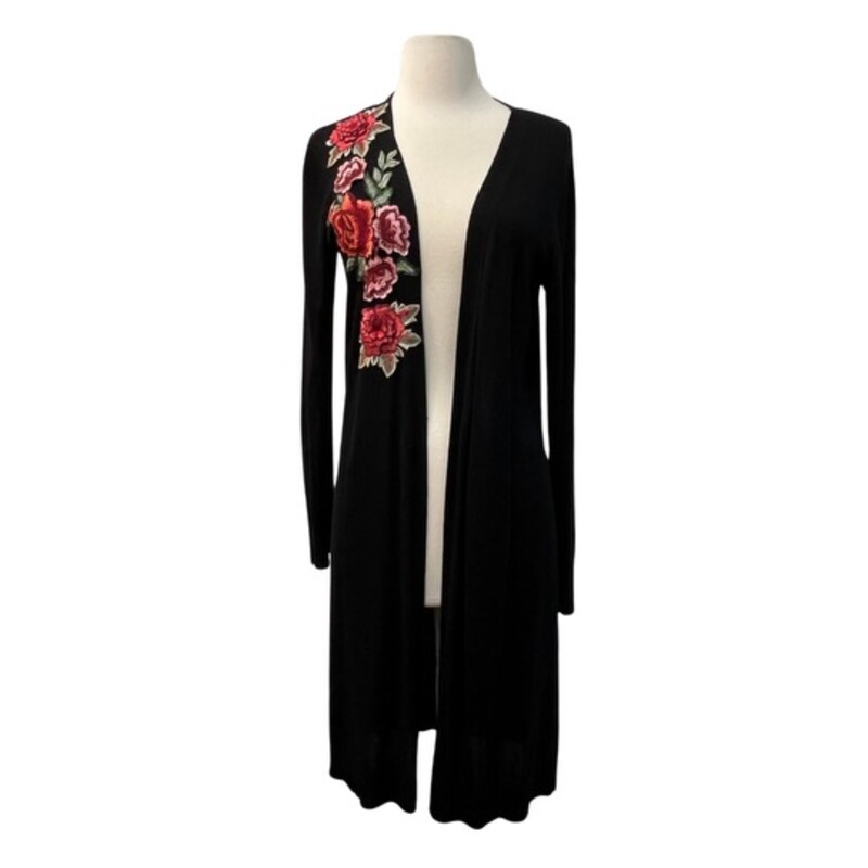 Joseph A Long Cardigan<br />
Embroidered Flower Detail<br />
Colors: Black, Pink, Red and Green<br />
Size: Small