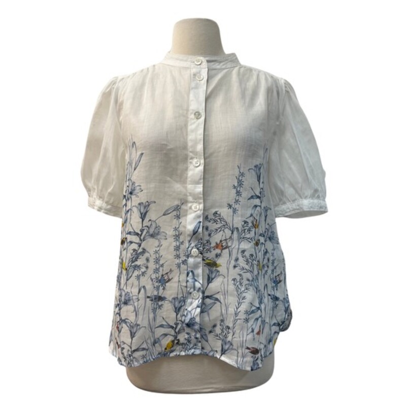 Banana Republic Blouse<br />
Floral and Bird Print<br />
White, Navy, Orange and Yellow<br />
Size: Small