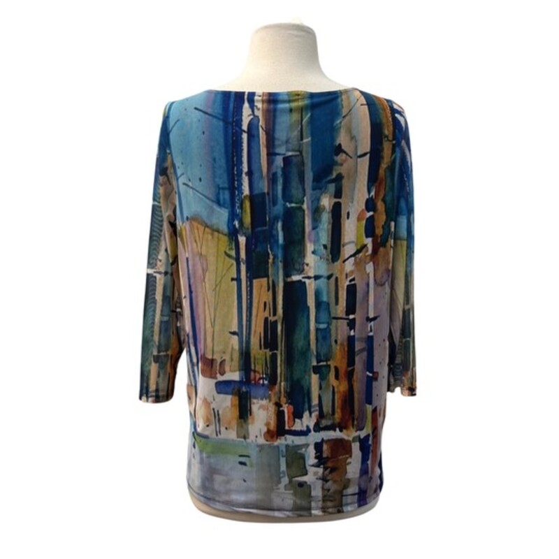 FDJ Mesh Overlay Top<br />
Watercolor Pattern<br />
Blue with Multiple Colors<br />
Size: Small