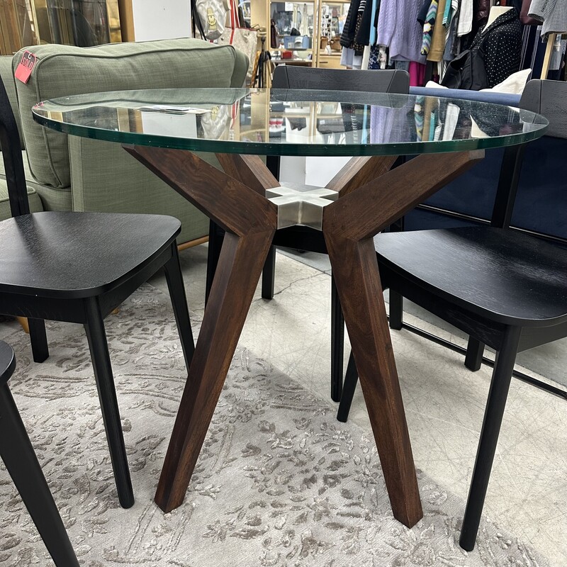 Crate & Barrel Glass Top Pedestal Dining Table<br />
Size: 36in Diameter