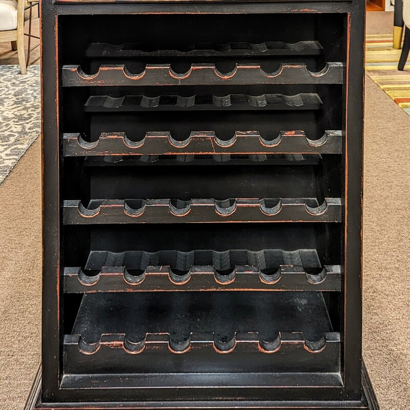Italian Wood Wine Cabinet
Distressed  Black with Red Rub Wood
Size: 29x15x44H
Top Storage Drawer
Holds 30 Bottles