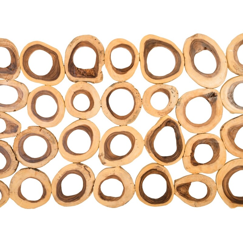 Chuleta Rings Wall Art<br />
<br />
Size: 92Wx54H<br />
<br />
The perfect example of how we use even the smallest pieces of natural wood we source, the Chuleta Rings Rectangular Wall Art is a sculptural piece created from freeform end-cuts of chamcha wood that are hollowed out and connected to form large-scale organic wall panels. Though many product designers would see these as useless castaways, we see them as building blocks that create dynamic elements for interiors. We also offer the Chuleta Rings in small and large square versions. Each of these personifies the modern organic ethos for which Phillips Collection is renowned.<br />
This piece is crafted from natural solid wood.<br />
Color and character of wood grain may vary and natural cracks and holes may be present adding a unique character to your piece.