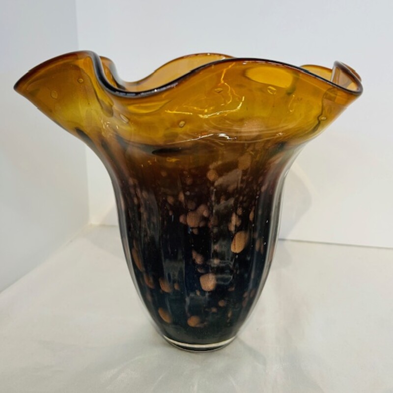 Speckled Wavy Glass Signed Vase
Amber Gold
Size: 8.5 x 8H