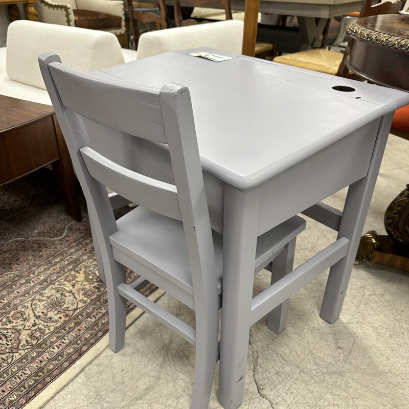 Vintage Childs School Desk, Gray Painted. Desk and Chair are sold as a Set.