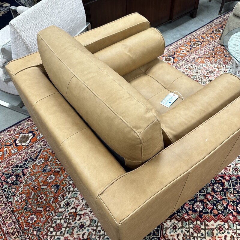 Leather Mid Century Modern Armchair, Tan. Includes pillows.<br />
Size: 41W