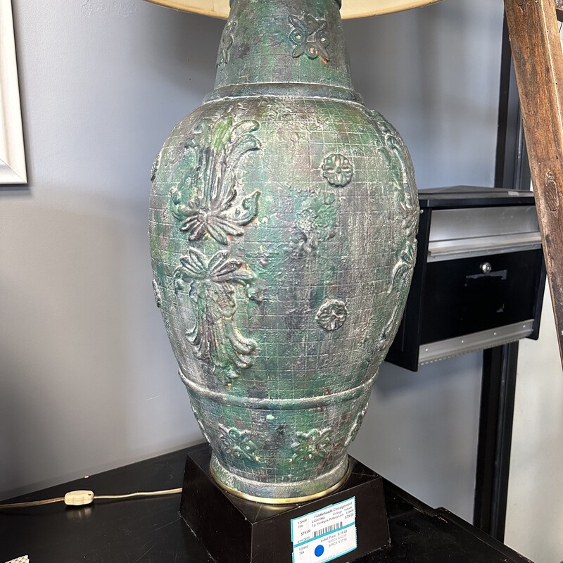 Large Verdigris Pottery Lamp, Includes large lamp shade (but does not attach to it)<br />
Size: 48H
