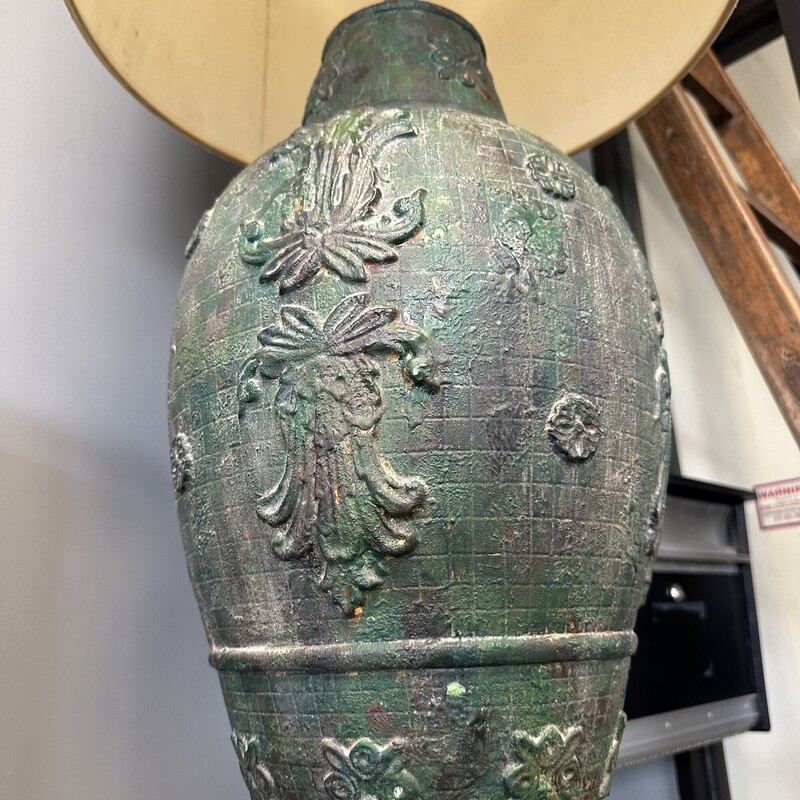 Large Verdigris Pottery Lamp, Includes large lamp shade (but does not attach to it)<br />
Size: 48H