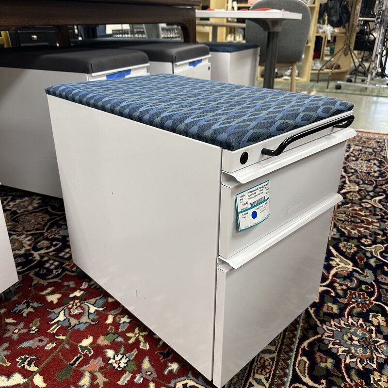 Rolling Upholstered File Cabinet, White Metal with Blue Upholstered Cushioned Seat
Size: 15W x 23D x 21H