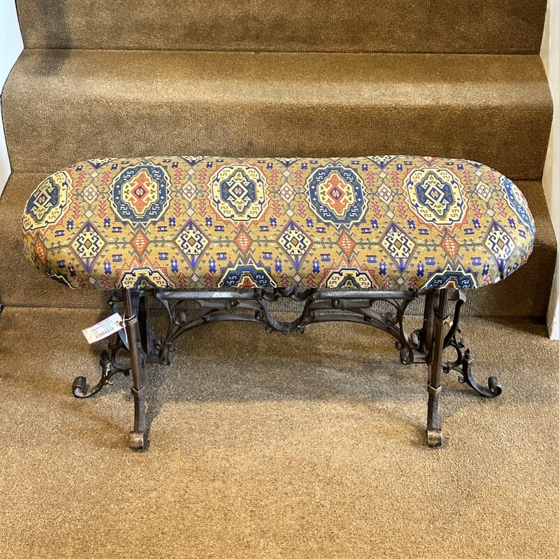 Gilded Cast Antique Bench,<br />
Size: 35x12x19<br />
1920s antique bench, which has been recovered, is heavy! Base is very sturdy and shows its age - which is beautiful!