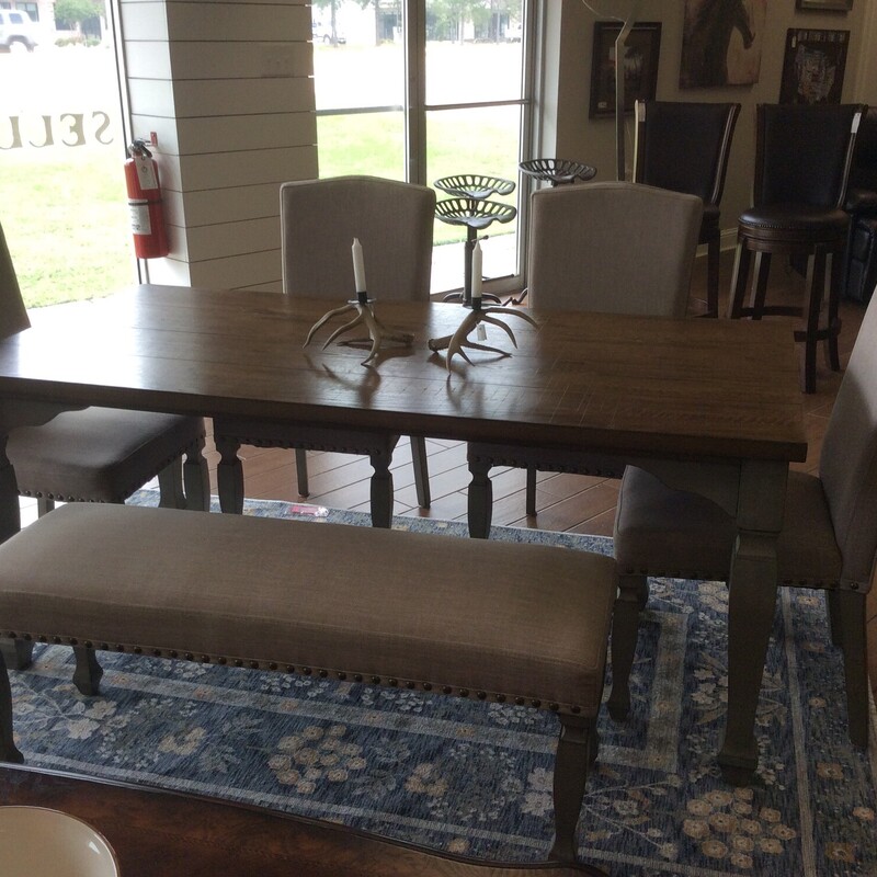 Farmhouse style dining room table with cushioned upholstered bench and 4 chairs, Size: 72x36x30