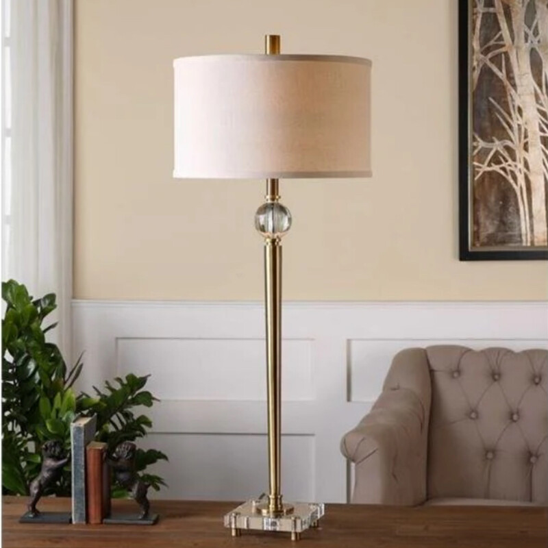 Uttermost Mesita Buffet Lamp
Gold Cream Clear Size: 16 x 39H
Retails: $370.00
Matching floor lamp sold separately