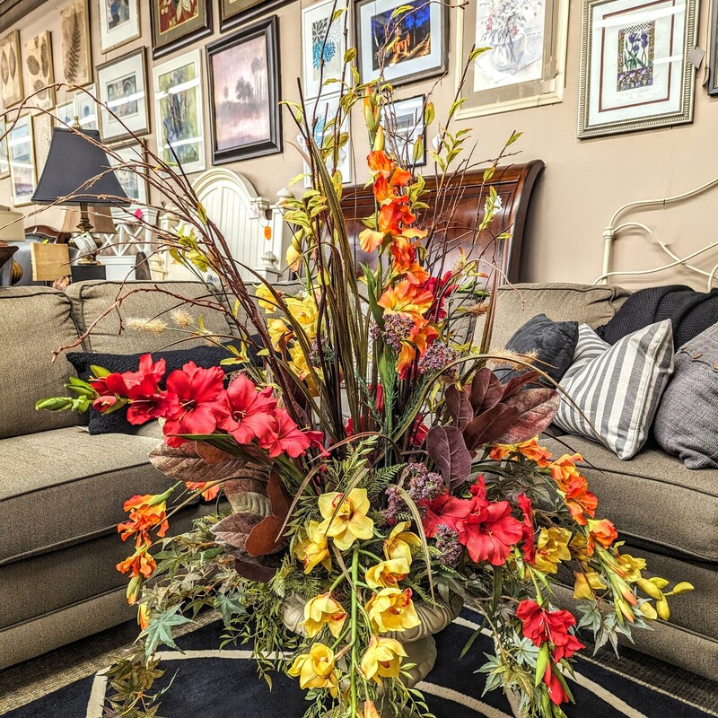 Silk Gladiolus & Orchids
Red Orange Yellow Green in Faux Stone Pot
Size: 40x54H
Retail $599