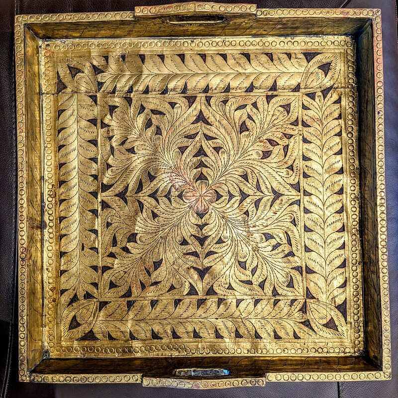 Vintage Detailed Metal Leaf Square Tray
Gold Brown Size: 20 x 20W
As Is - some wear with age