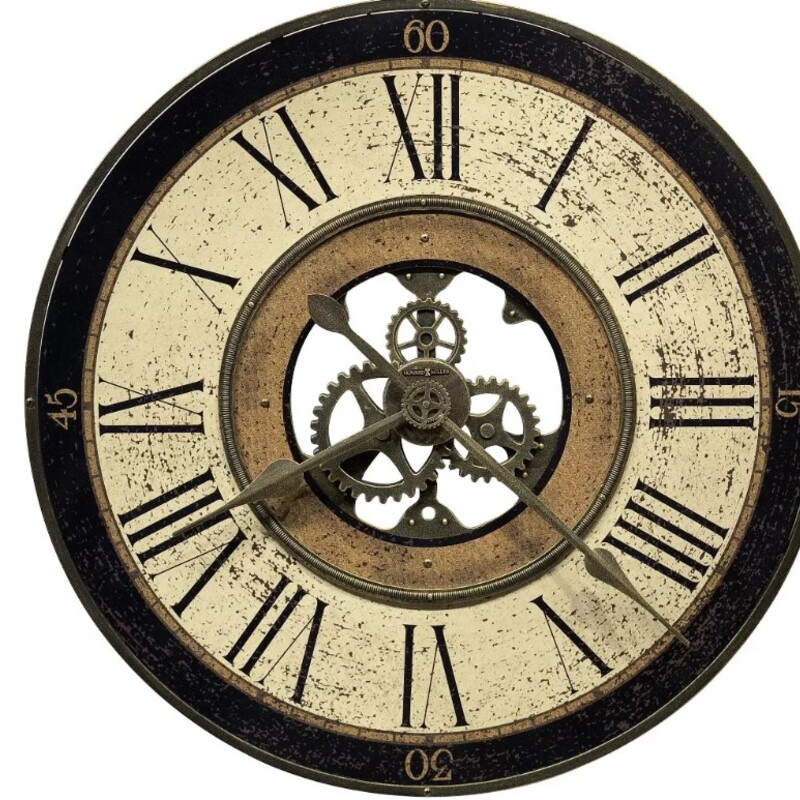 Howard Miller Branch Wall Clock
Cream Black Brown Gold Bronze Metal Trim
Antique Brass Finished Metal and one moving
gear.
Size: 32
Requires AA Battery
Retail $325