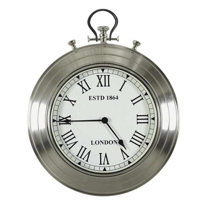 Ballard Design Pocket Watch<br />
Silver<br />
Size: 19x5x22H<br />
An oversized pocket watch clock brings a fun vintage feel to your walls. The deeply molded aluminum frame has a shiny nickel finish with authentic wind details. Finished with black spear hands and Roman numerals. Glass Front<br />
Uses 1 AA battery