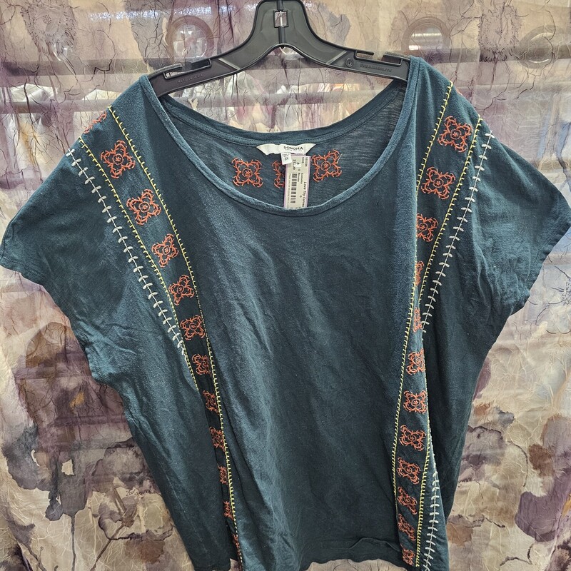 Short sleeve teal green blouse in a fun boho chic embroidered design.