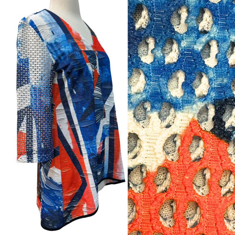 Alberto Makali Tunic
Wearable Art Design
Mesh Sleeves
Blue, White and Orange
Size: Medium