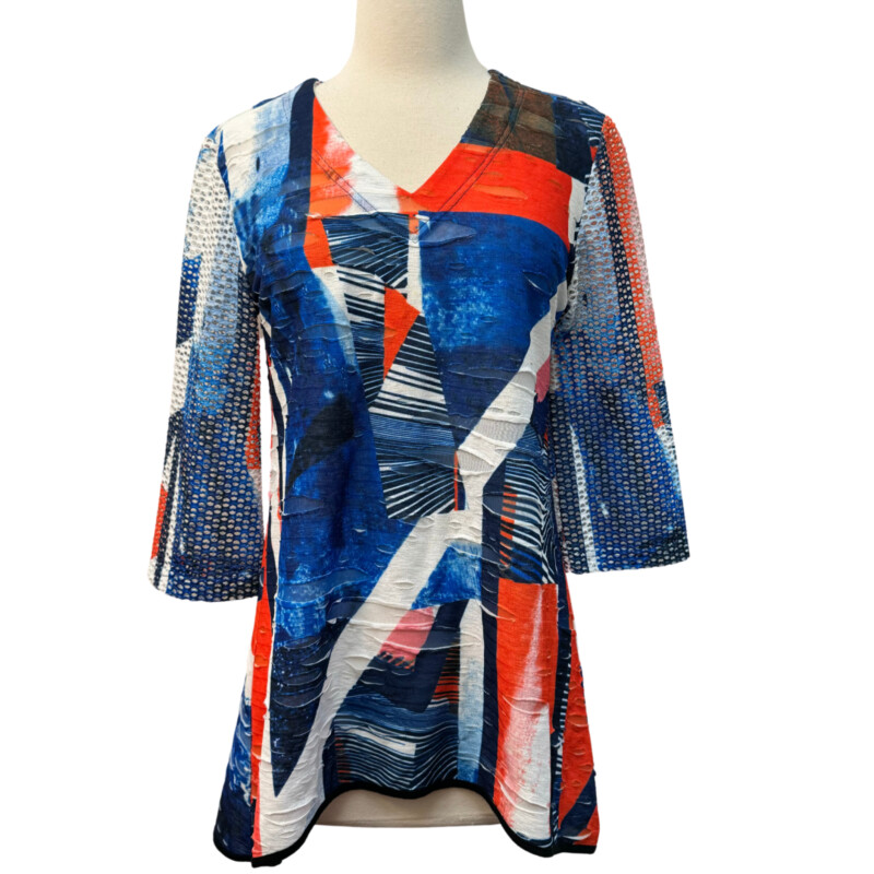 Alberto Makali Tunic
Wearable Art Design
Mesh Sleeves
Blue, White and Orange
Size: Medium